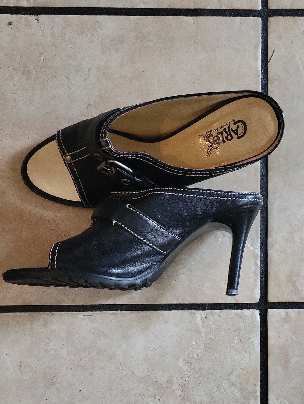 debut Black Leather Open-Toe Stiletto Mules